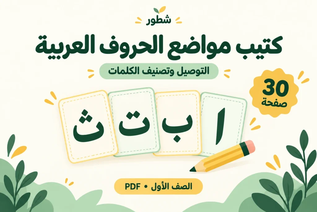 غلاف كتيب مواضع الحروف العربية للصف الأول PDF – 30 صفحة من شطور