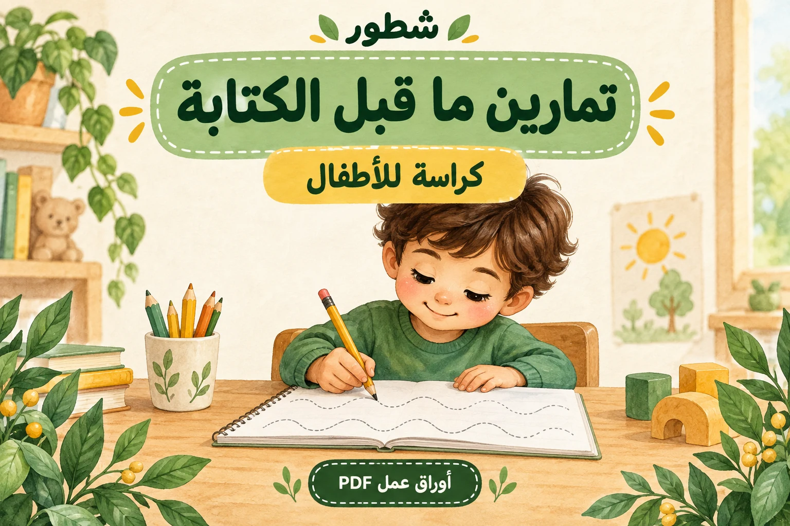 تمارين ما قبل الكتابة – طفل يتتبع مسارات بالقلم في دفتر، من أوراق عمل شطور