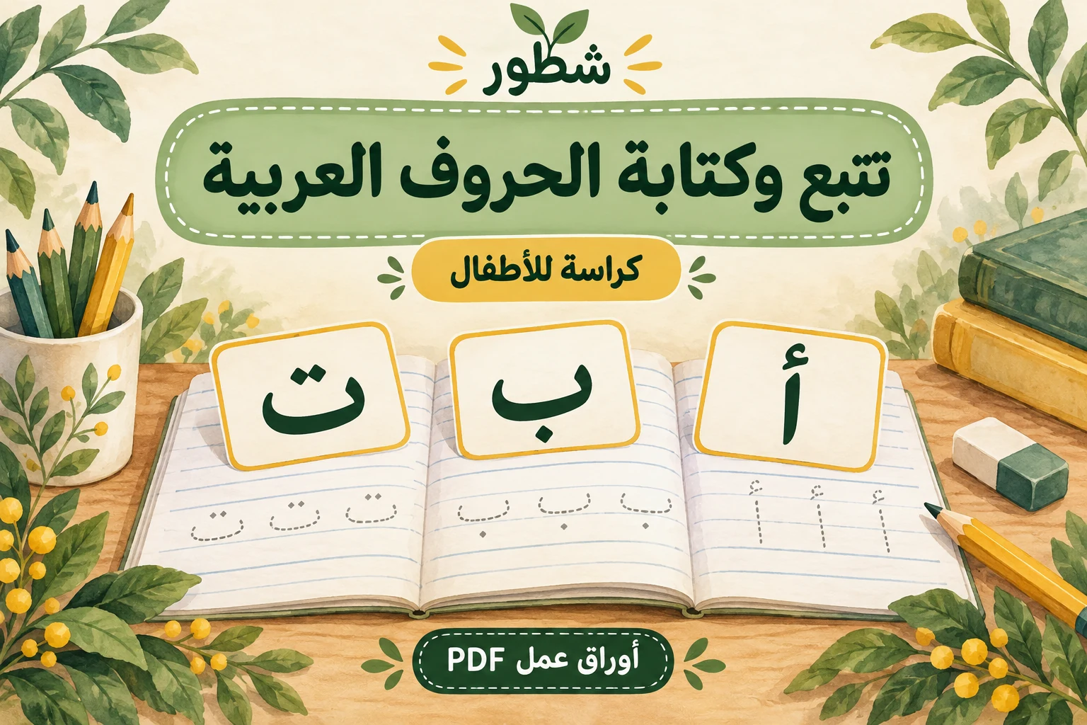 تتبع وكتابة الحروف العربية – حروف الألف والباء والتاء مع دفتر وقلم، من أوراق عمل شطور