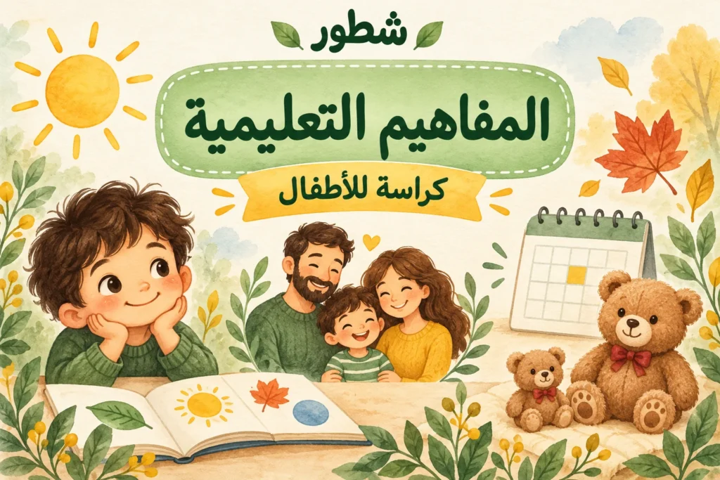 المفاهيم التعليمية – طفل وتقويم ورسوم عائلة وفصول وأحجام، من أوراق عمل شطور