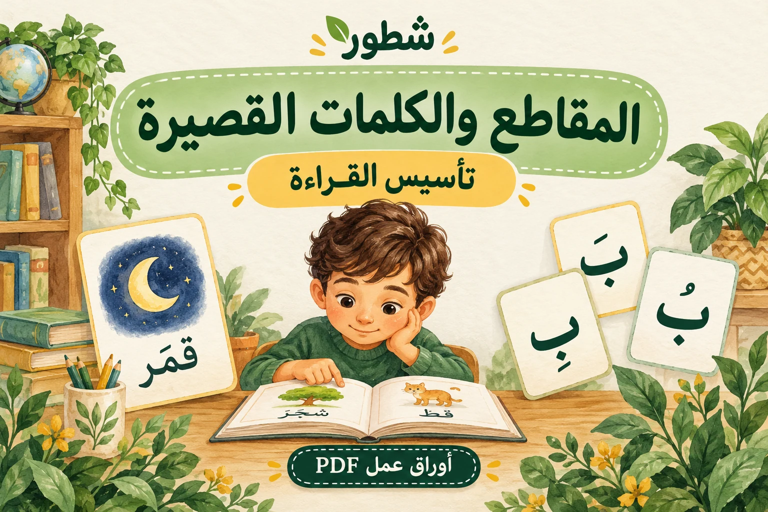 المقاطع والكلمات القصيرة – طفل يقرأ وبطاقة قمر وحروف بالحركات، من أوراق عمل شطور