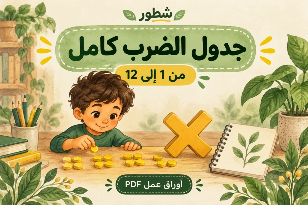 جدول الضرب كامل – طفل يرتب مجموعات عد مع رمز الضرب، من أوراق عمل شطور