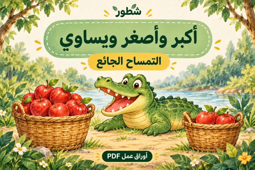 أكبر وأصغر ويساوي – تمساح ودود وسلتان من التفاح، من أوراق عمل شطور