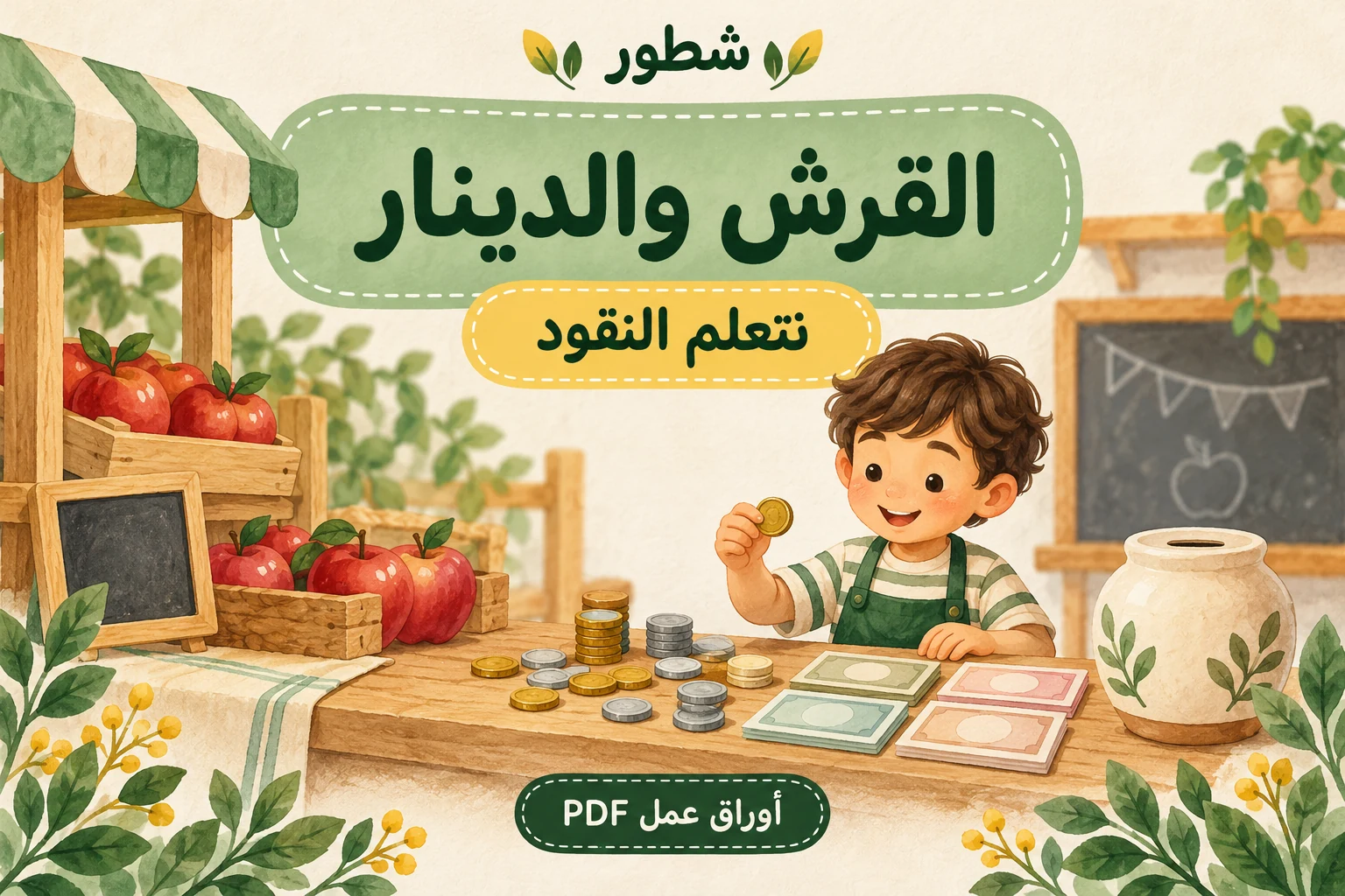 القرش والدينار – طفل في متجر تعليمي مع نقود لعب وحصالة، من أوراق عمل شطور