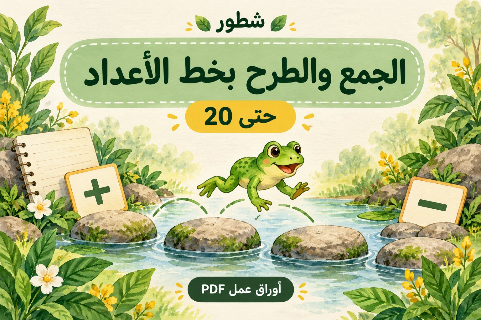 الجمع والطرح بخط الأعداد – ضفدع يقفز بين أحجار ورمزي الجمع والطرح، من أوراق عمل شطور