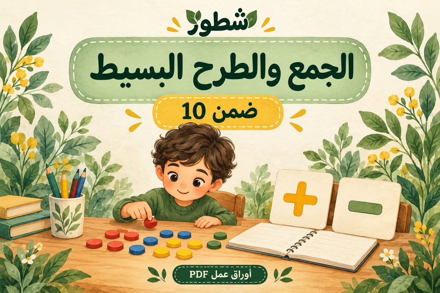 الجمع والطرح البسيط – طفل يعد قطعًا خشبية ورمزي الجمع والطرح، من أوراق عمل شطور