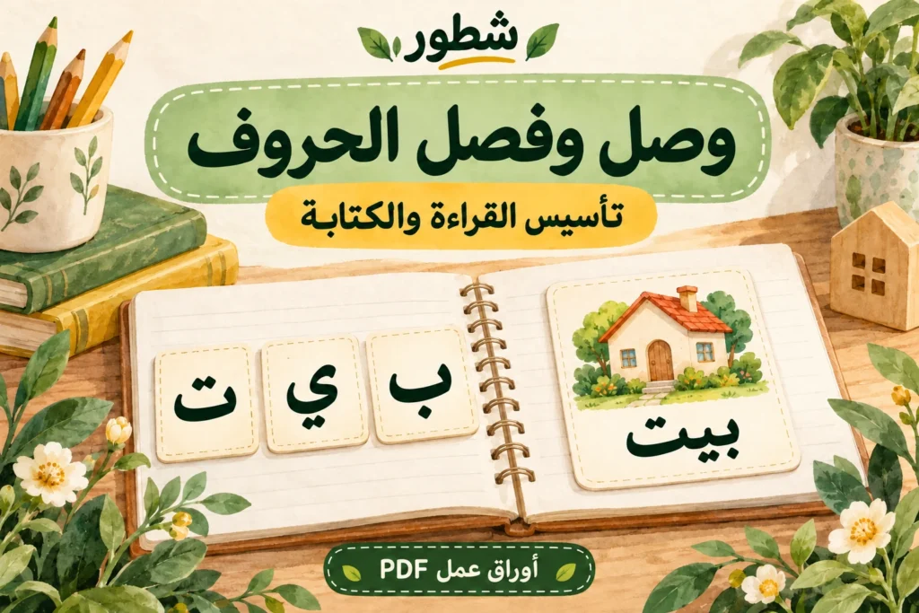 وصل وفصل الحروف – بطاقات حروف الباء والياء والتاء وكلمة بيت، من أوراق عمل شطور