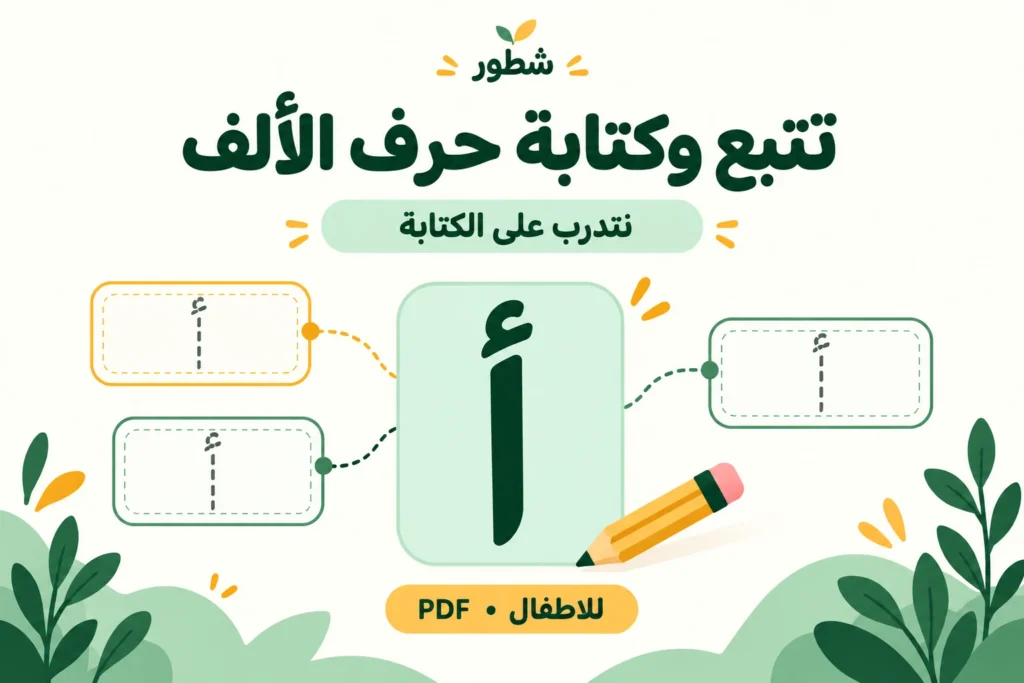 غلاف ورقة عمل تتبع وكتابة حرف الألف للأطفال من شطور