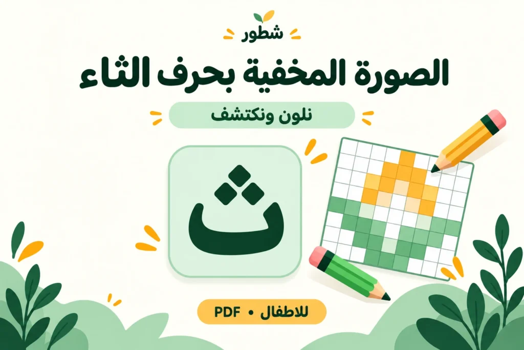 غلاف ورقة عمل حرف الثاء: تلوين الصورة المخفية من شطور