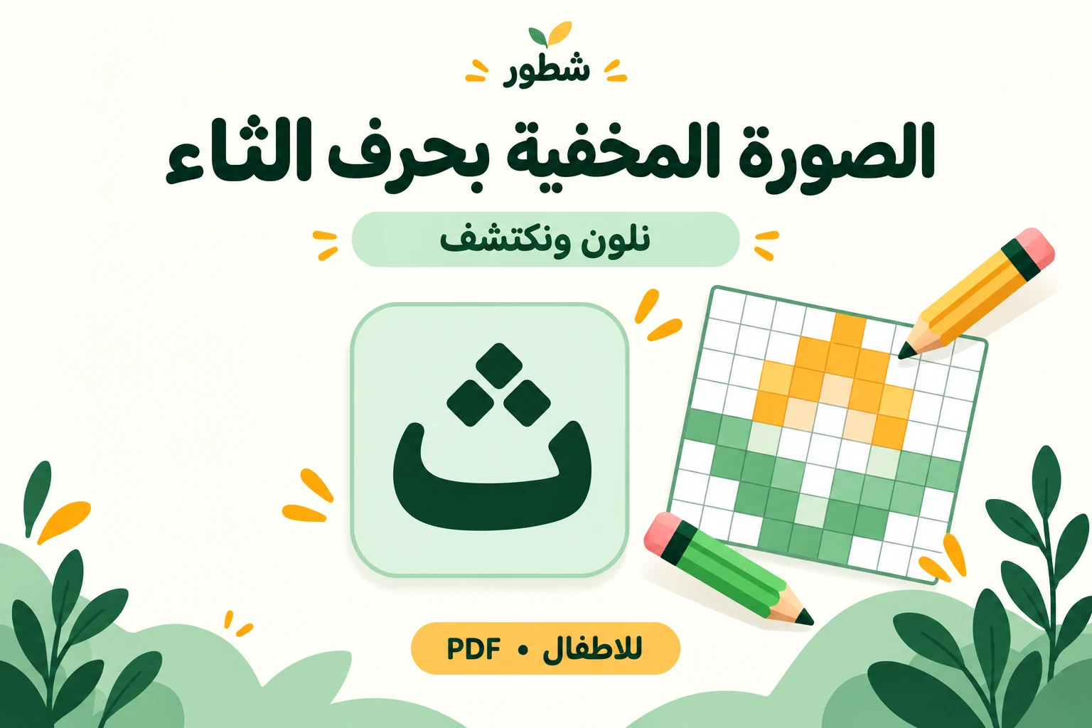 غلاف ورقة عمل حرف الثاء: تلوين الصورة المخفية من شطور