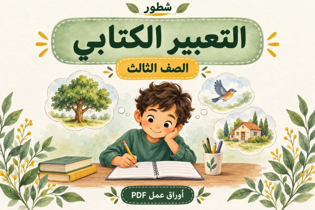 غلاف التعبير الكتابي للصف الثالث مع طفل يكتب وأفكار مصورة من شطور