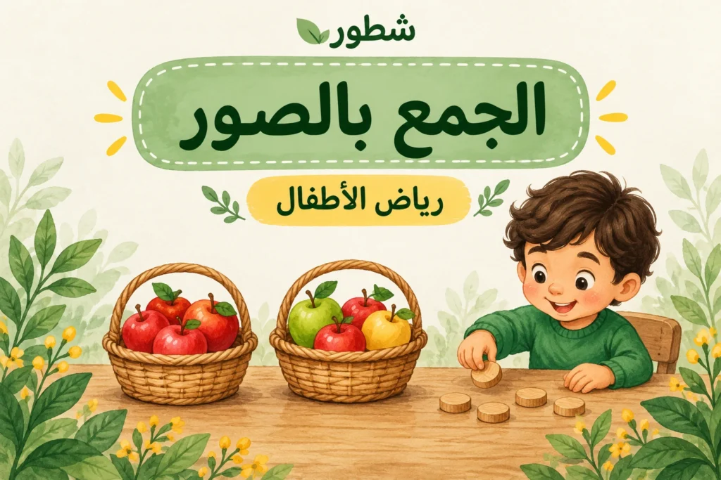 غلاف الجمع بالصور لرياض الأطفال مع سلال تفاح وعدادات من شطور