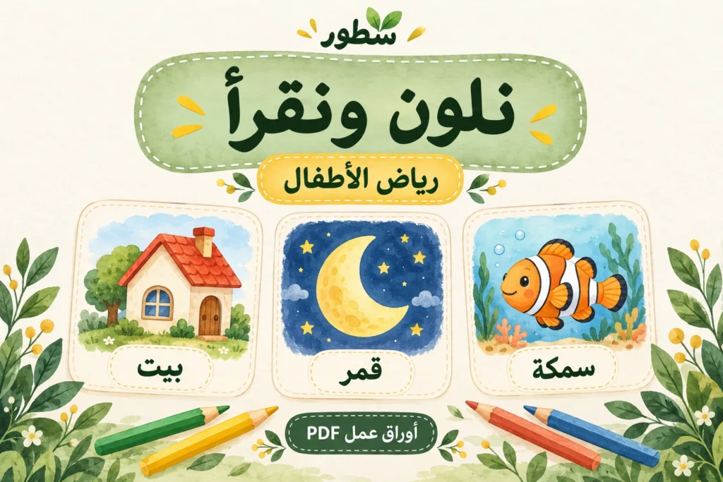 غلاف تلوين وقراءة كلمات لرياض الأطفال مع بطاقات بيت وقمر وسمكة من شطور