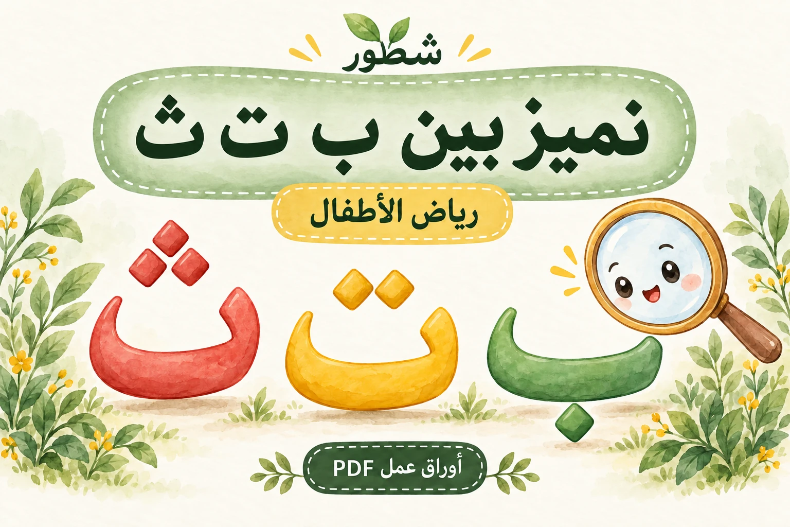 غلاف التمييز بين ب ت ث لرياض الأطفال مع نقاط حروف الباء والتاء والثاء من شطور