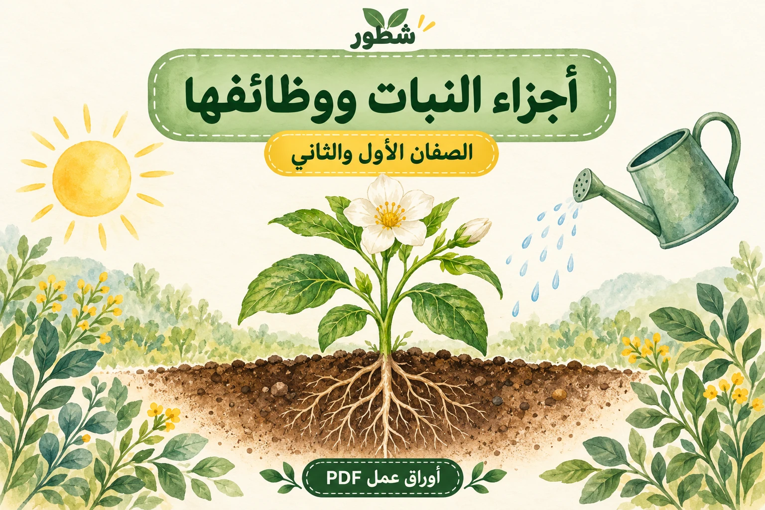 غلاف أجزاء النبات ووظائفها للأطفال مع نبات وجذوره وضوء الشمس والماء من شطور