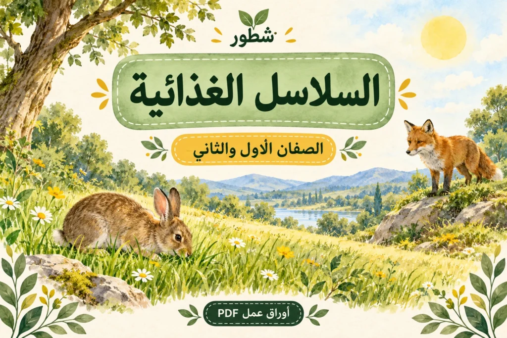 غلاف السلاسل الغذائية وتصنيف الكائنات للأطفال مع عشب وأرنب وثعلب من شطور