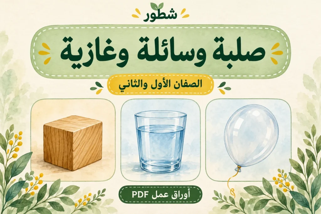 غلاف حالات المادة صلبة وسائلة وغازية للأطفال مع مكعب خشبي وماء وبالون هواء من شطور