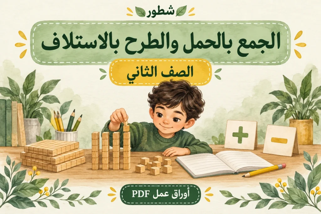 غلاف الجمع بالحمل والطرح بالاستلاف للصف الثاني مع مكعبات عد ورمزي الجمع والطرح من شطور