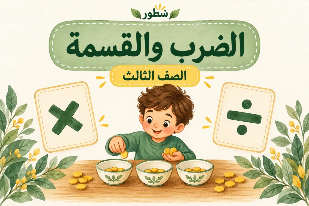 غلاف الضرب والقسمة للصف الثالث مع توزيع قطع على أوعية ورمزي الضرب والقسمة من شطور