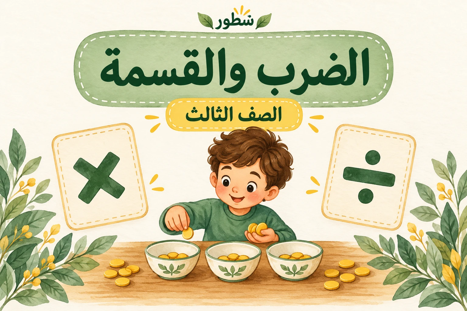 غلاف الضرب والقسمة للصف الثالث مع توزيع قطع على أوعية ورمزي الضرب والقسمة من شطور