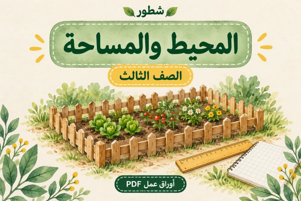 غلاف المحيط والمساحة للصف الثالث مع حديقة مسيجة ومسطرة من شطور