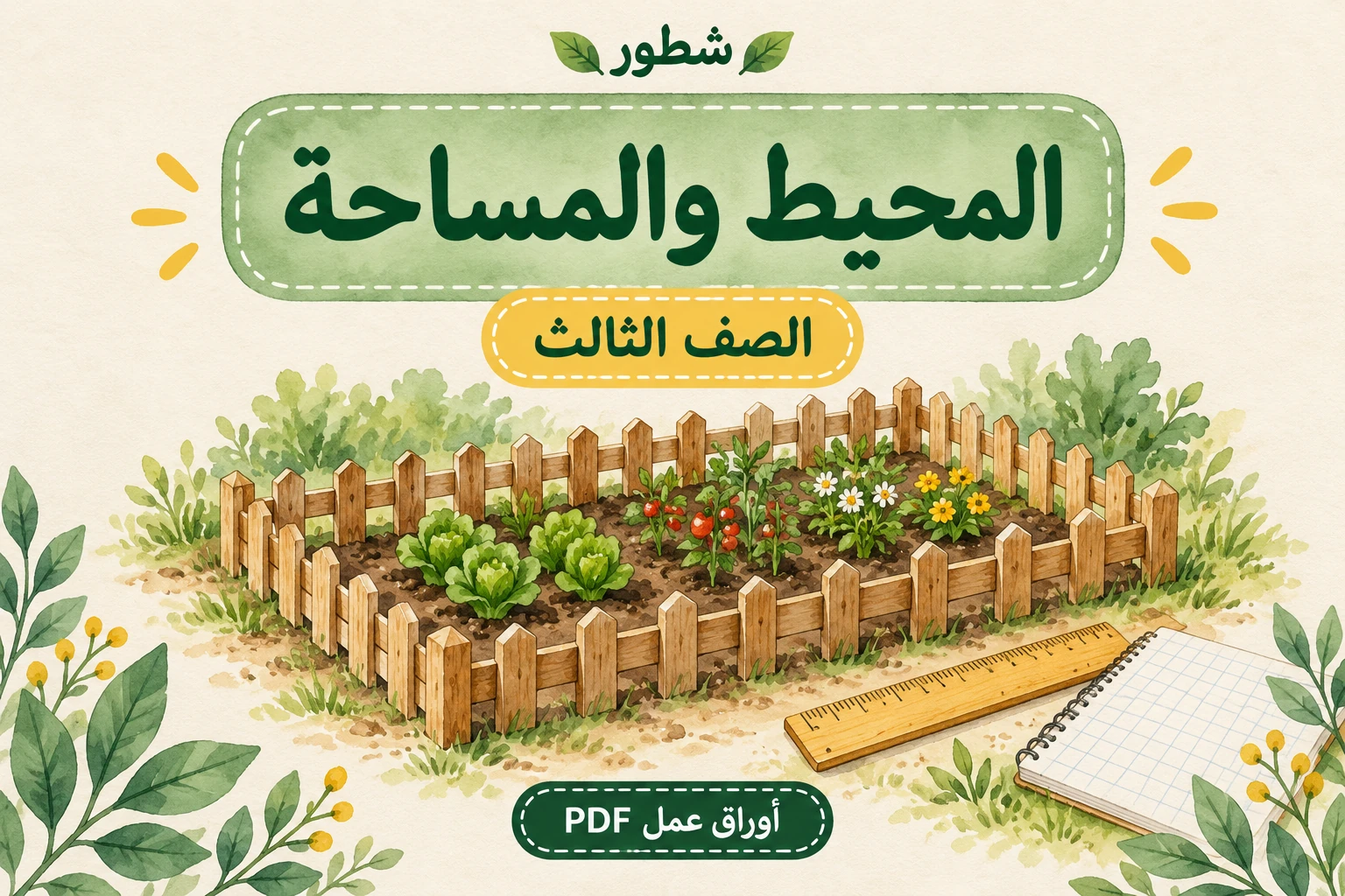غلاف المحيط والمساحة للصف الثالث مع حديقة مسيجة ومسطرة من شطور