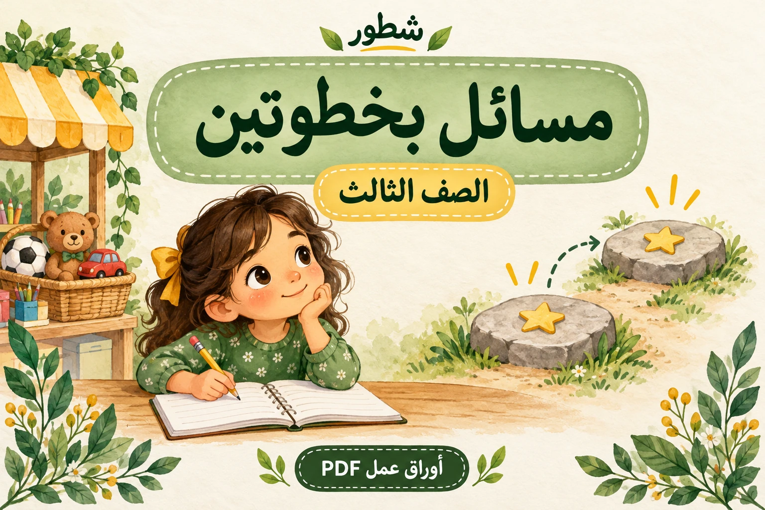 غلاف مسائل رياضيات بخطوتين للصف الثالث مع خطوتين رمزيتين وطفلة تحل من شطور