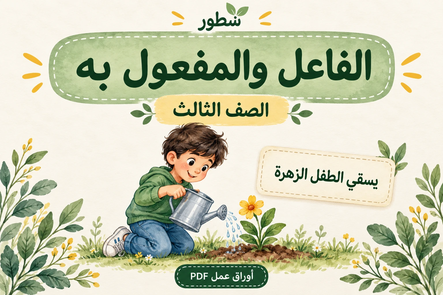 غلاف الفاعل والمفعول به للصف الثالث مع طفل يسقي زهرة من شطور