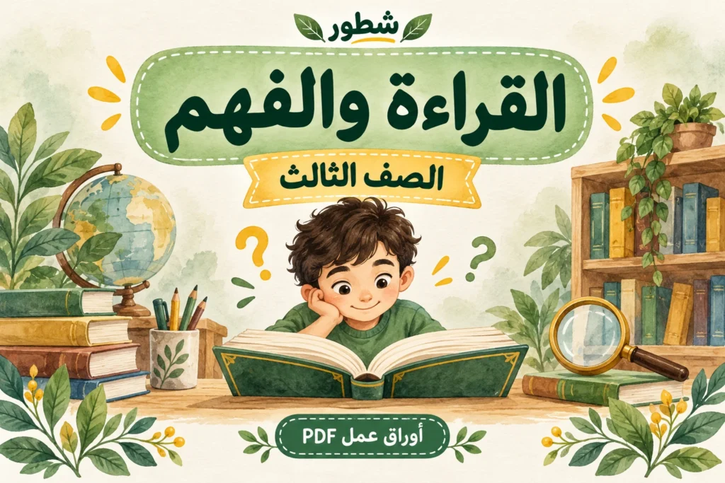 غلاف القراءة والفهم للصف الثالث مع طفل يقرأ كتابًا من شطور