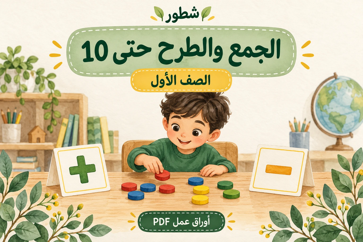 غلاف الجمع والطرح ضمن 10 للصف الأول مع عدادات ورمزي الجمع والطرح من شطور