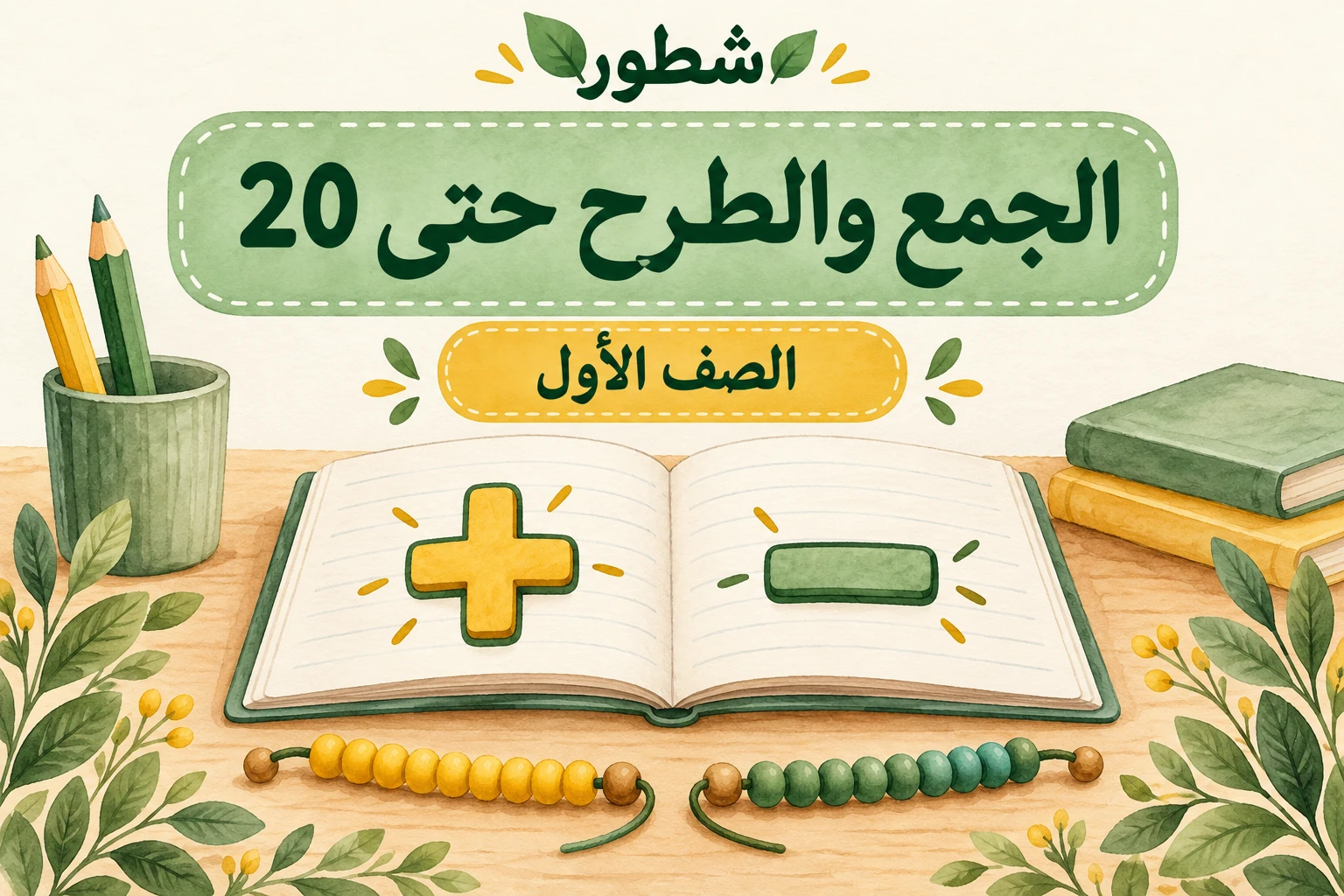 غلاف الجمع والطرح ضمن 20 للصف الأول مع دفتر وخرز ورمزي الجمع والطرح من شطور