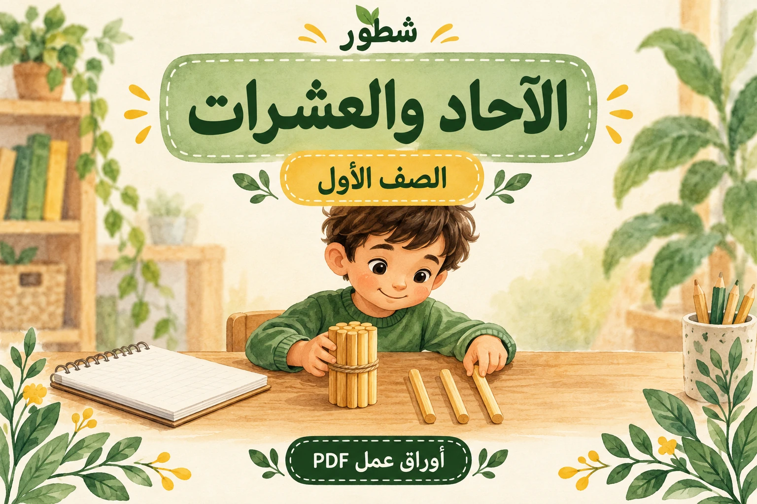 غلاف الآحاد والعشرات للصف الأول مع حزمة عيدان وعيدان منفردة من شطور