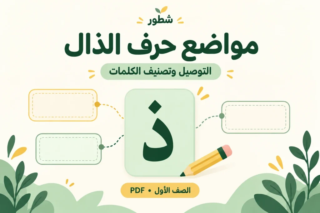 غلاف ورقة عمل مواضع حرف الذال: التوصيل وتصنيف الكلمات من شطور