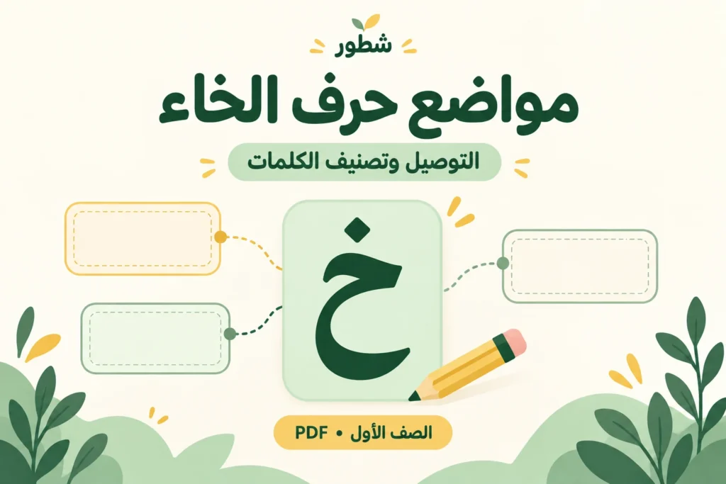 غلاف ورقة عمل مواضع حرف الخاء: التوصيل وتصنيف الكلمات من شطور