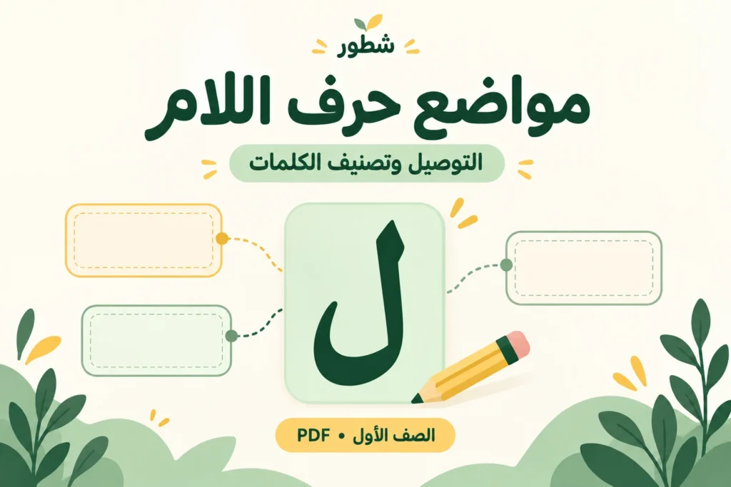 غلاف ورقة عمل مواضع حرف اللام: التوصيل وتصنيف الكلمات من شطور