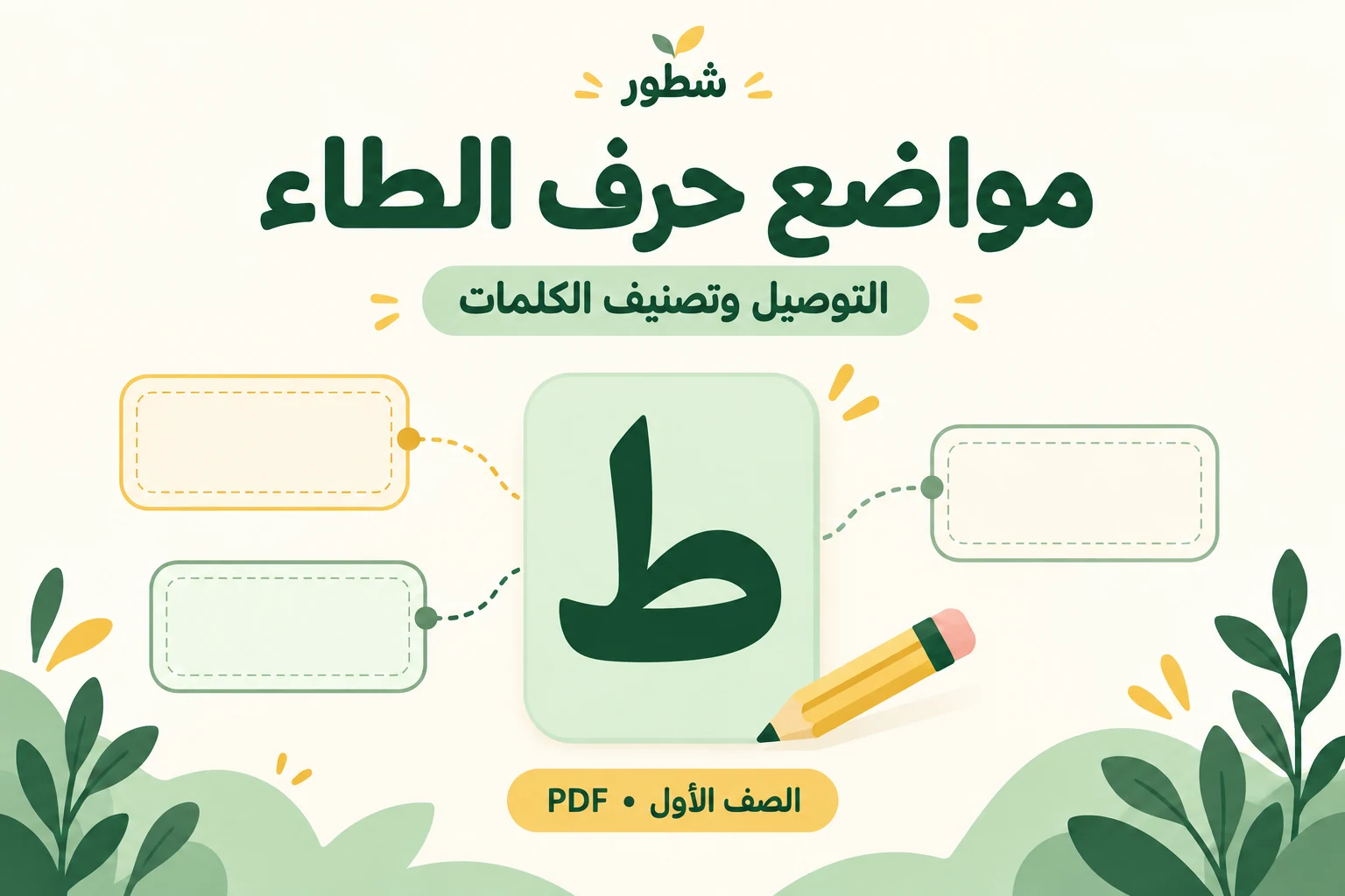 غلاف ورقة عمل مواضع حرف الطاء: التوصيل وتصنيف الكلمات من شطور