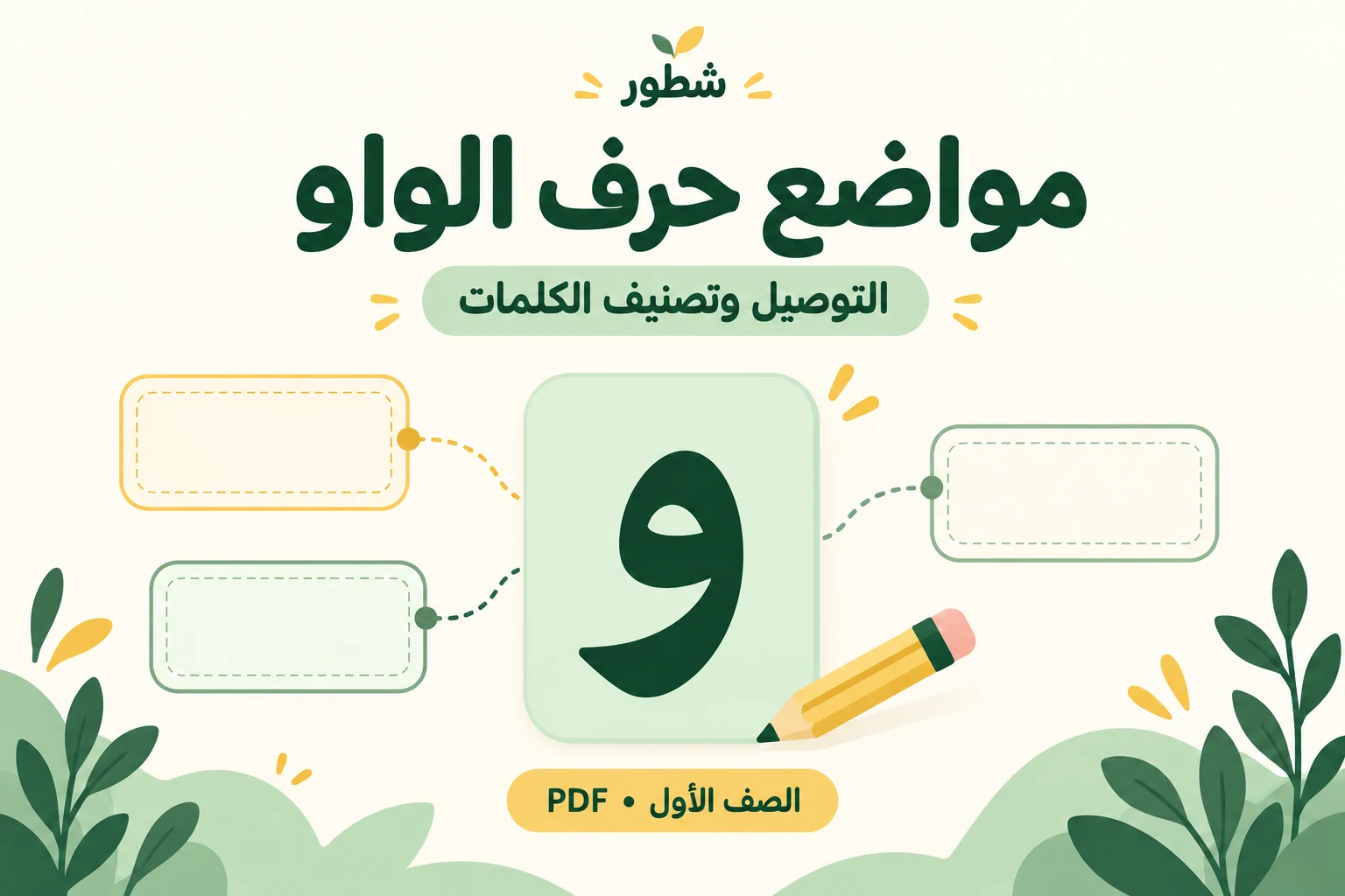 غلاف ورقة عمل مواضع حرف الواو: التوصيل وتصنيف الكلمات من شطور