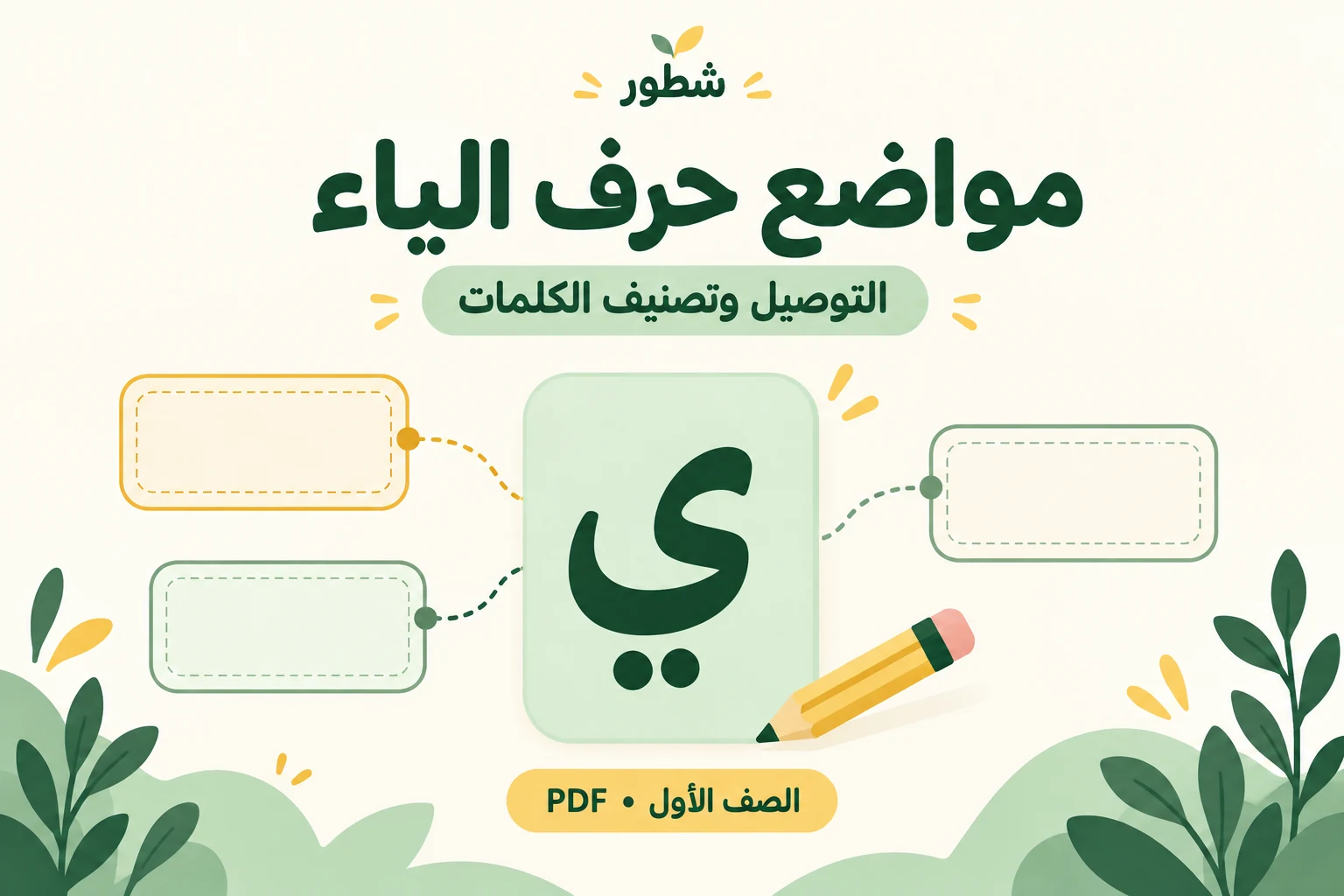 غلاف ورقة عمل مواضع حرف الياء: التوصيل وتصنيف الكلمات من شطور