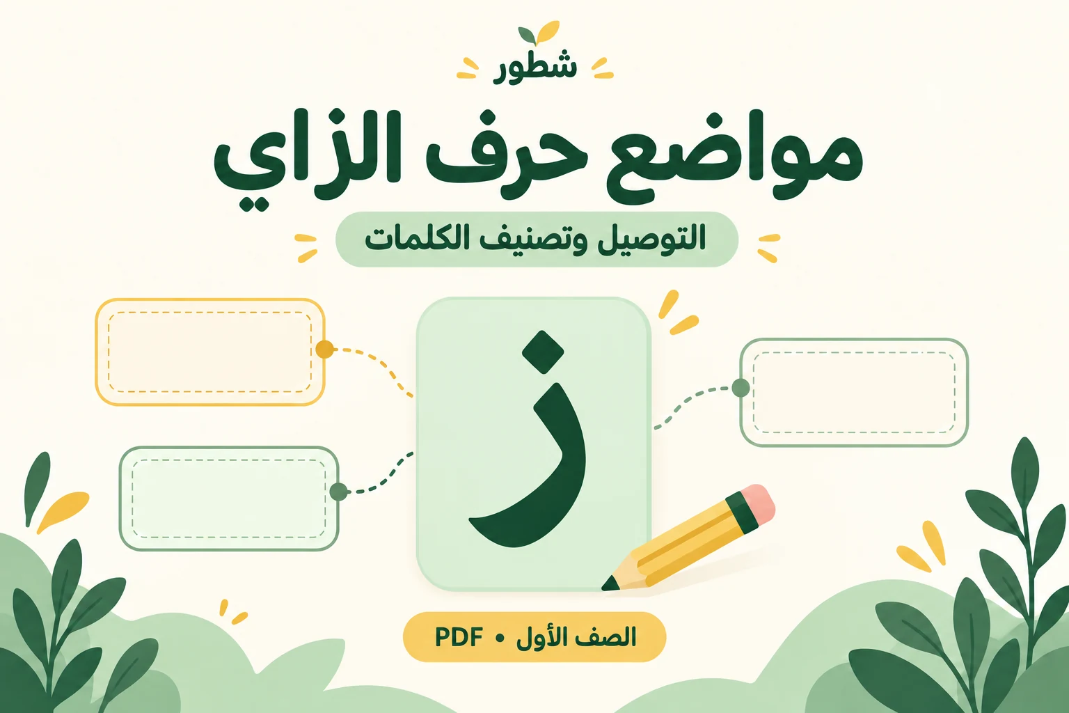 غلاف ورقة عمل مواضع حرف الزاي: التوصيل وتصنيف الكلمات من شطور